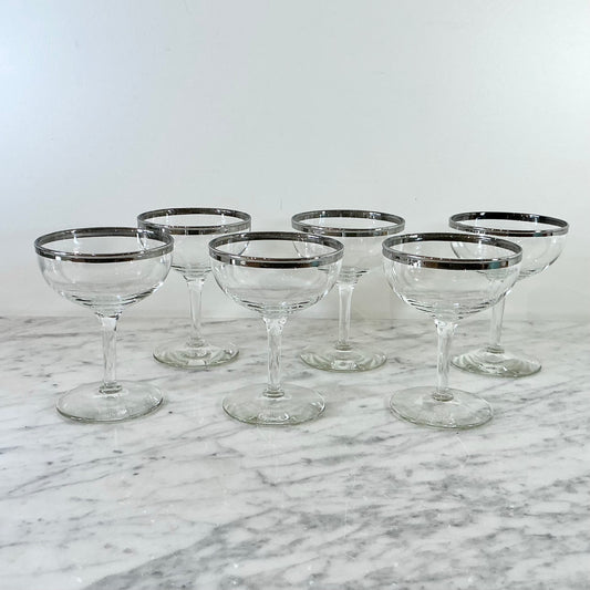 S/6 Vintage  Silver Rimmed Cocktail Glasses