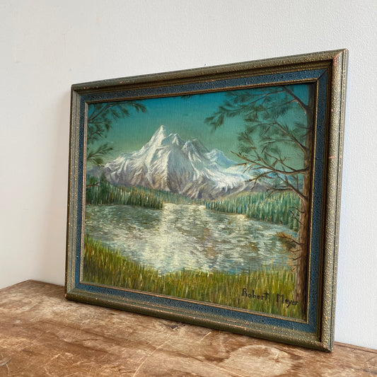 Vintage Original Framed Mountain Painting, 1952