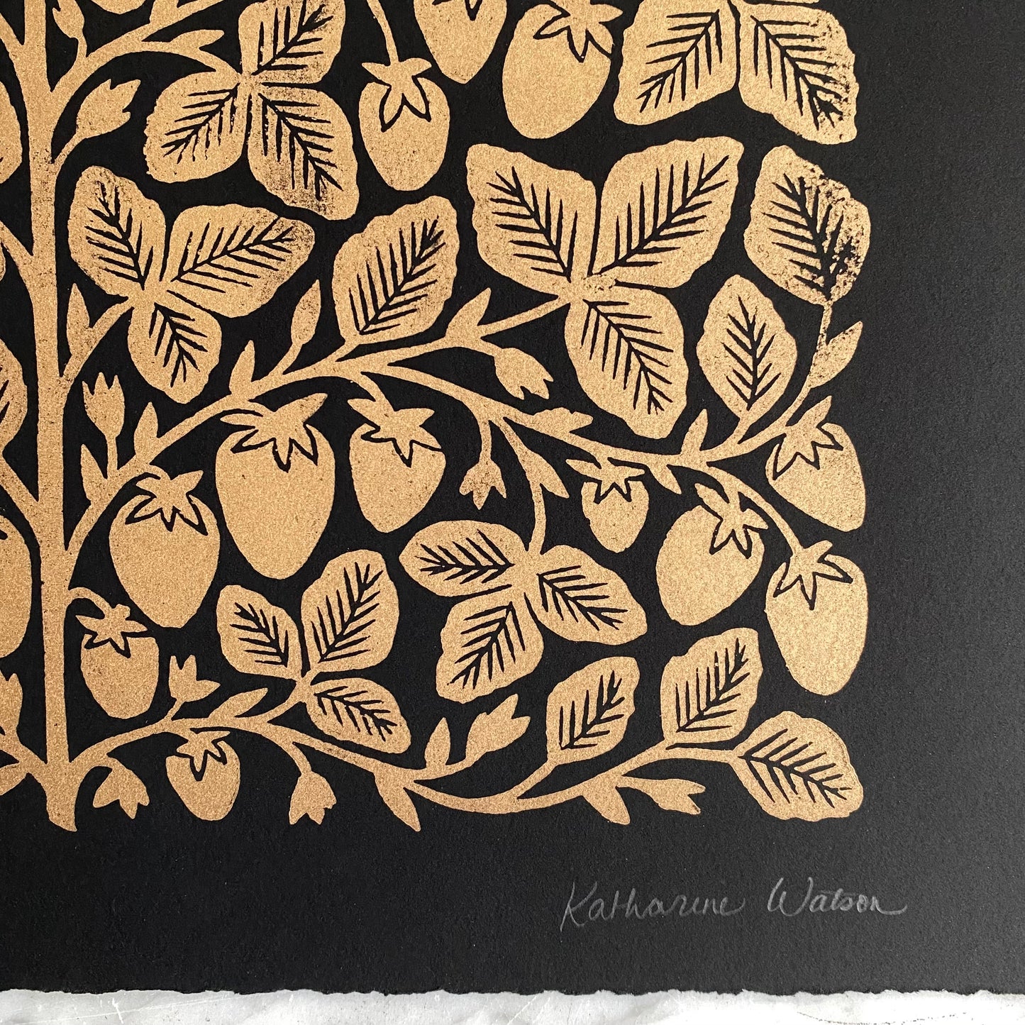 "Gold Strawberries" Hand Block-Printed Art Print (11x14)