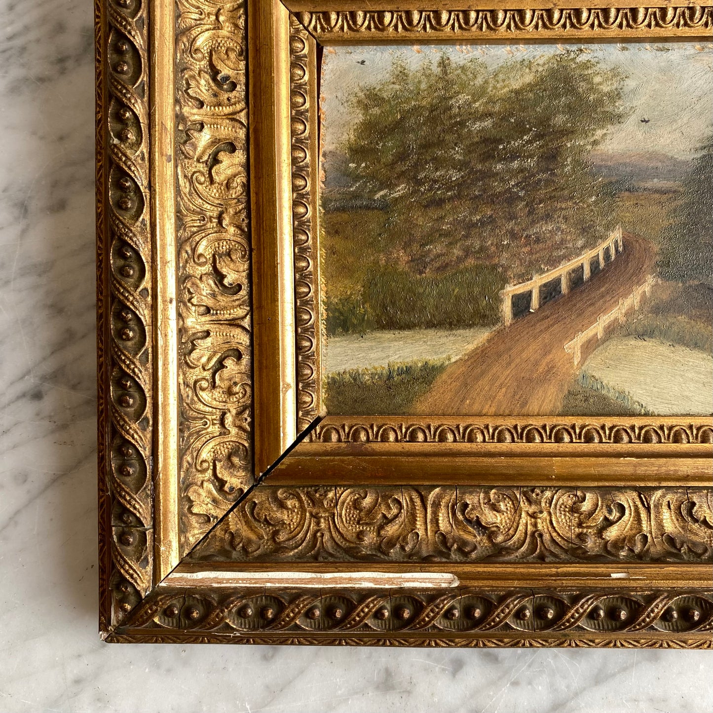 Original Antique Oil Painting, River + Bridge