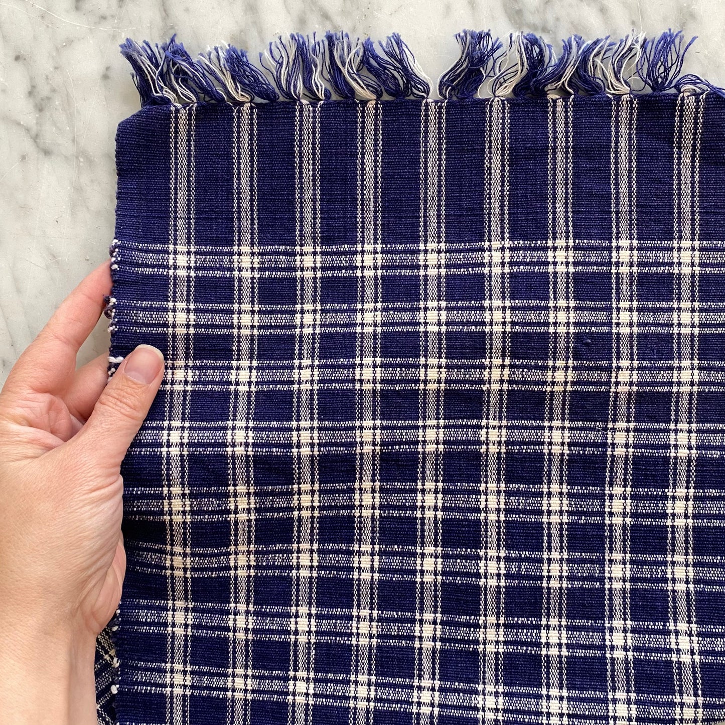 Vintage Hand-woven Blue + White Table Runner (42” x 13”)