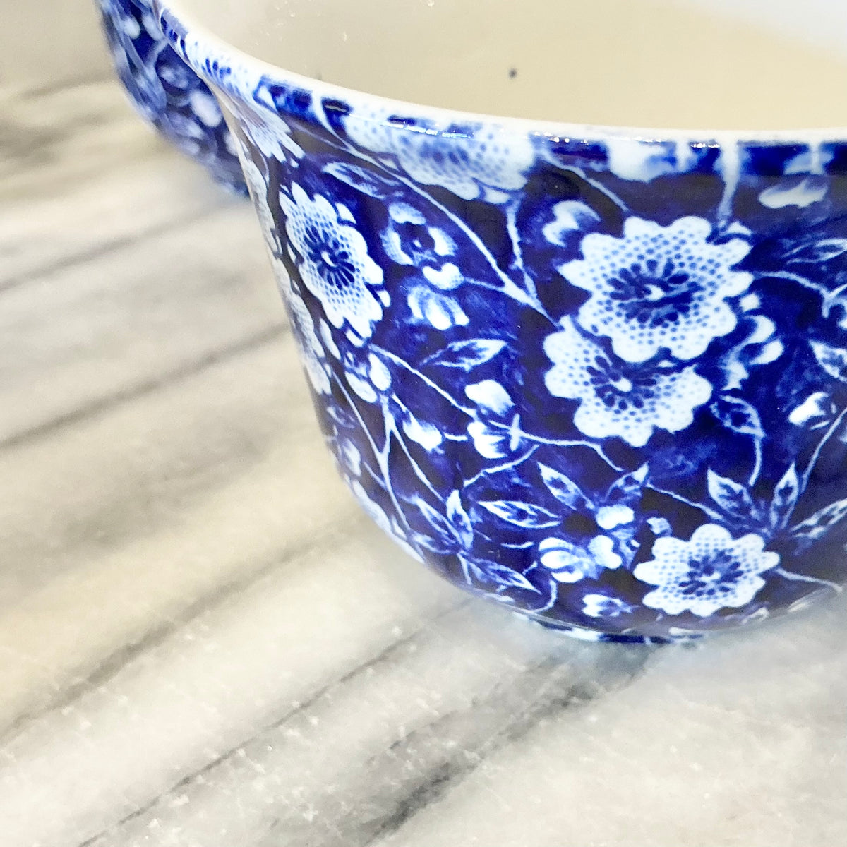 S/6 Vintage Blue + White Floral Teacups, England