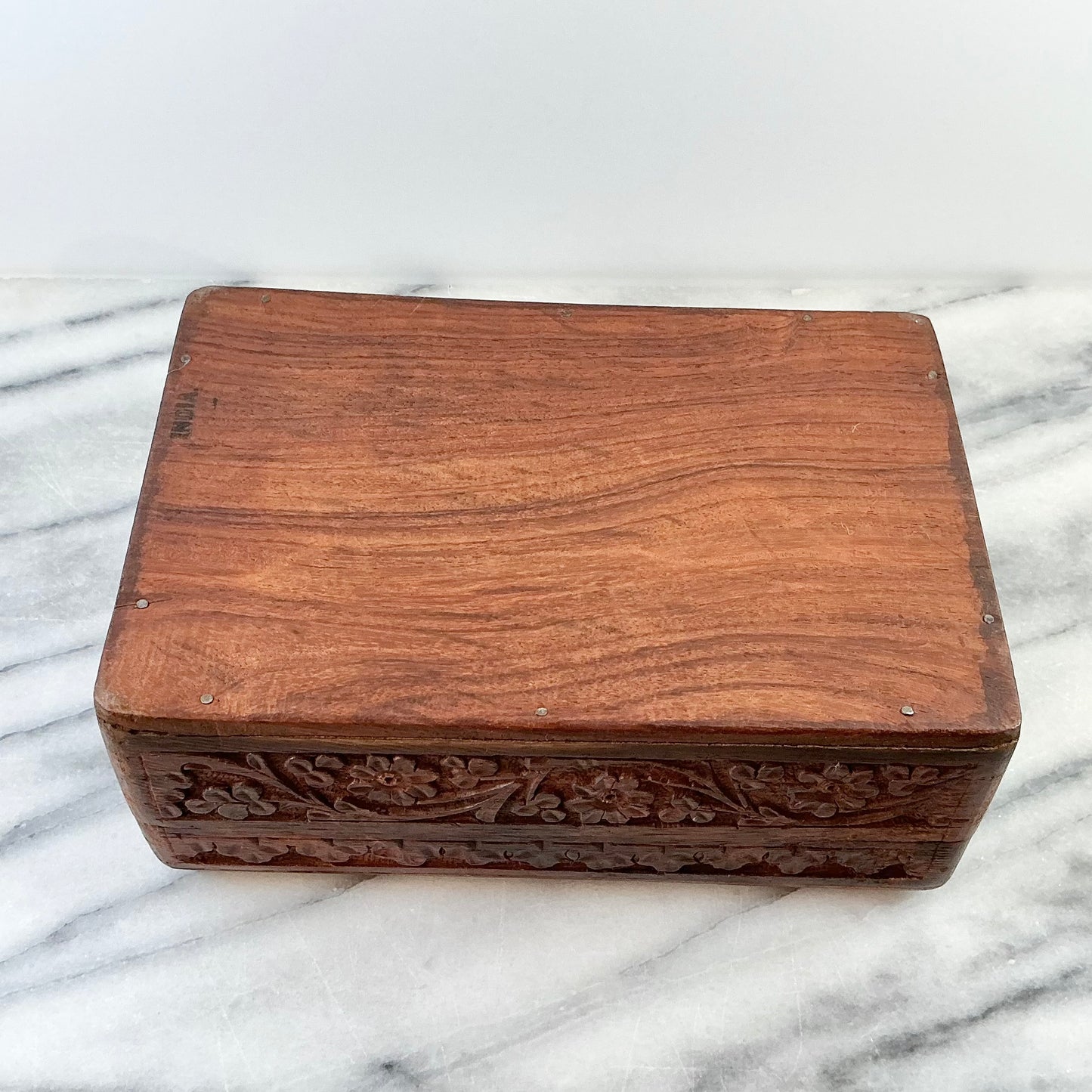 Vintage Carved Wooden Box with Inlay