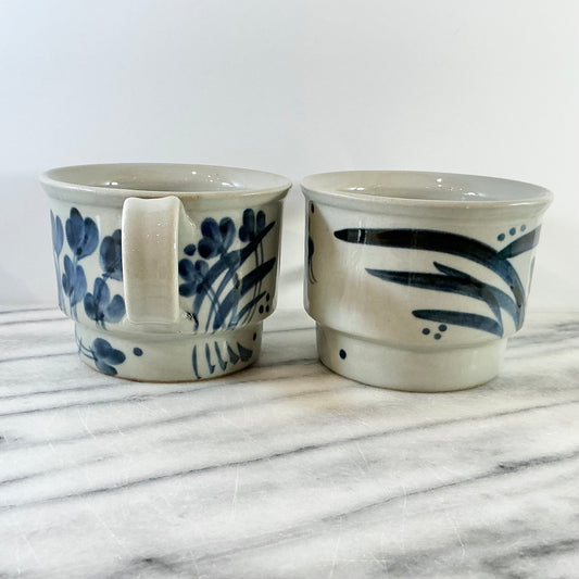 Pair of Large Vintage Blue Floral Ceramic Mugs