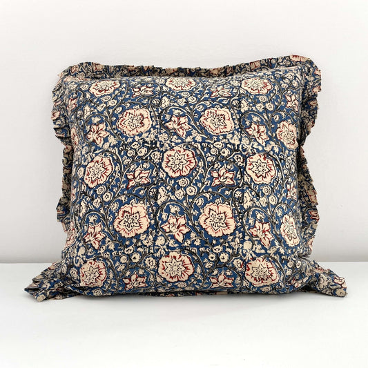 Cotton Blue Vintage Floral Ruffled Pillow Cover (18 x 18)