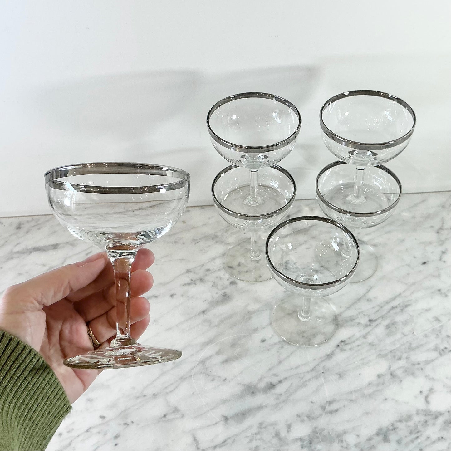 S/6 Vintage  Silver Rimmed Cocktail Glasses