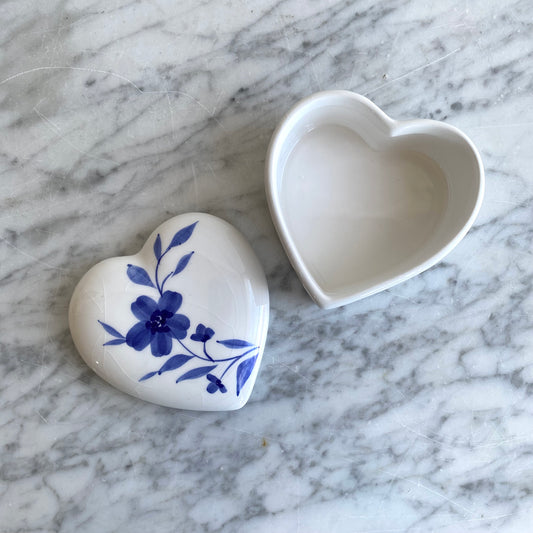 Vintage Ceramic Heart Box with Blue Flowers