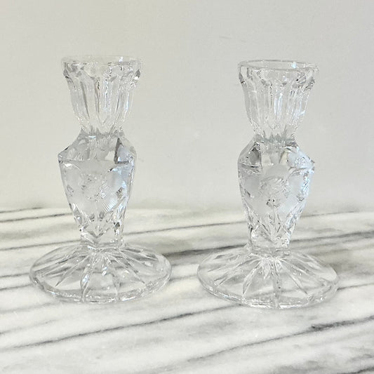 Pair of Vintage Etched Crystal Candlestick Holders