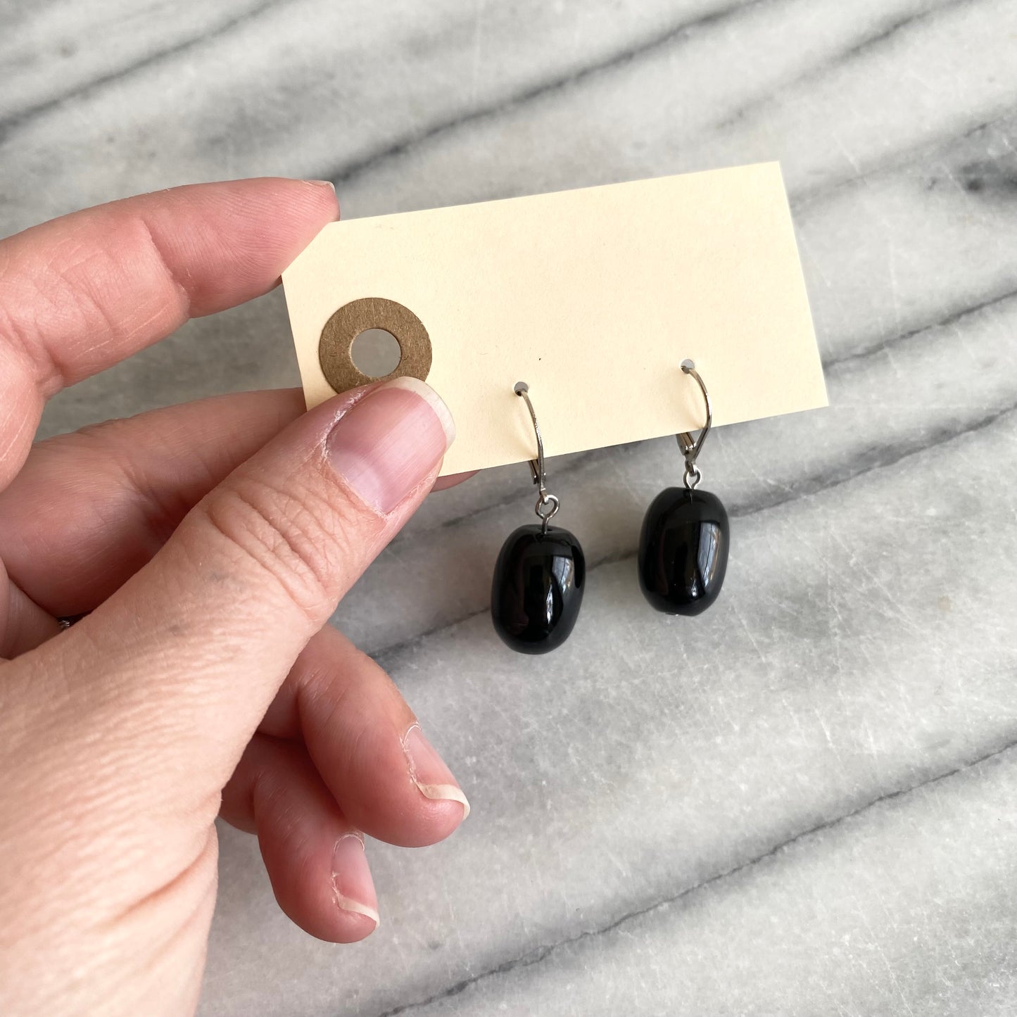Dangling Black Glass Bead Earrings