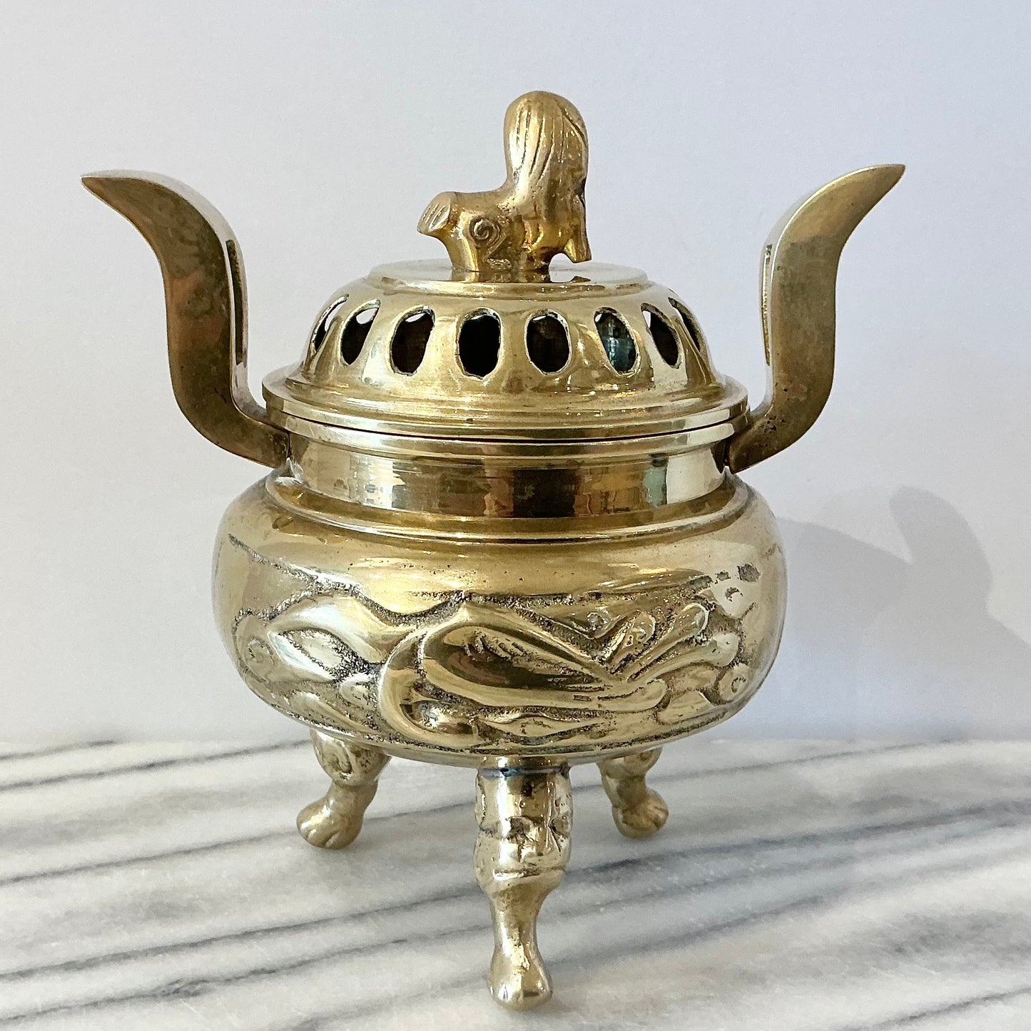 Large Vintage Brass Incense Burner with Foo Dog
