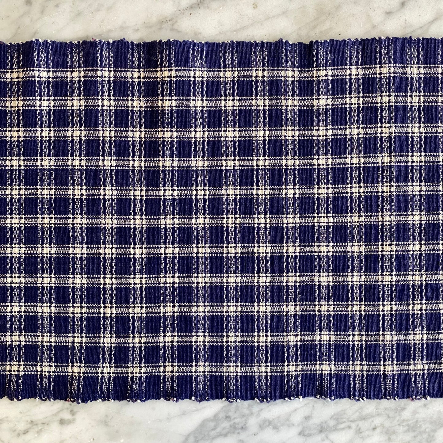 Vintage Hand-woven Blue + White Table Runner (42” x 13”)