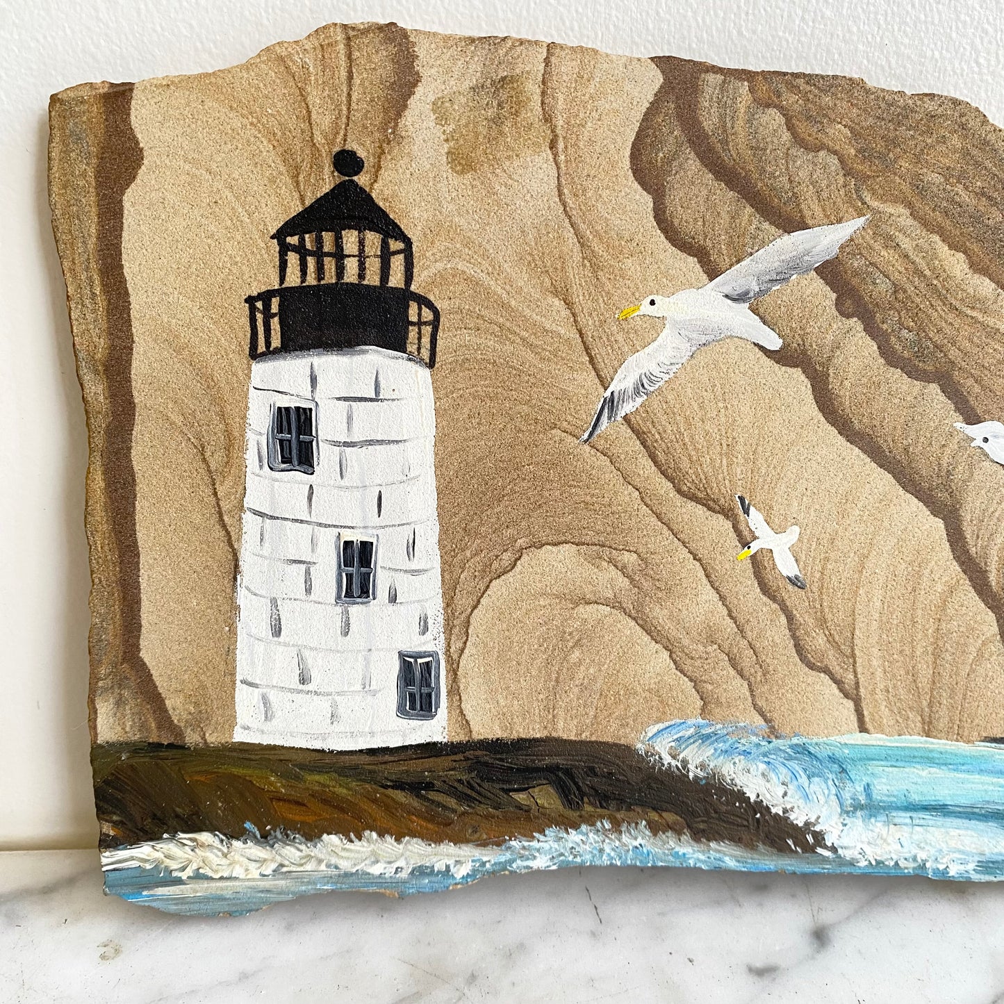 Vintage Hand-painted “Lighthouse & Seashore” Stone Plaque