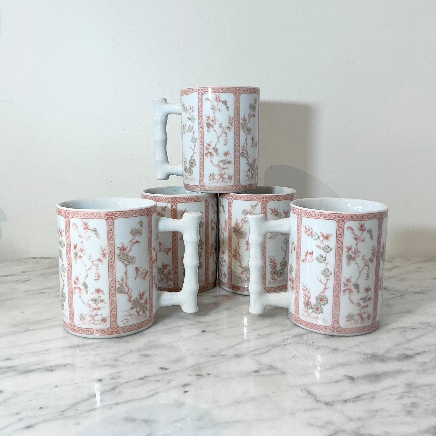 S/5 Vintage Japanese Floral Chinoiserie Patterned Ceramic Mugs