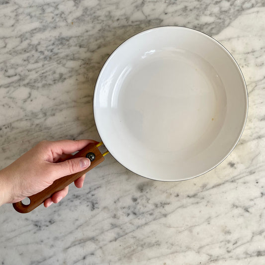 Vintage Yellow + White Enamel Skillet with Wood Handle