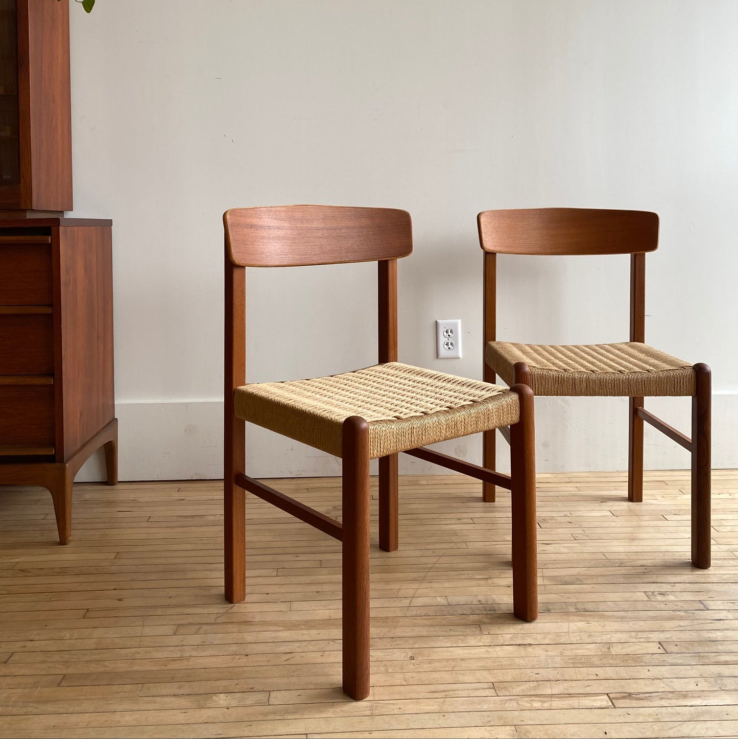 PAIR of Vintage Teak Dining Chairs with Paper Cord Seats