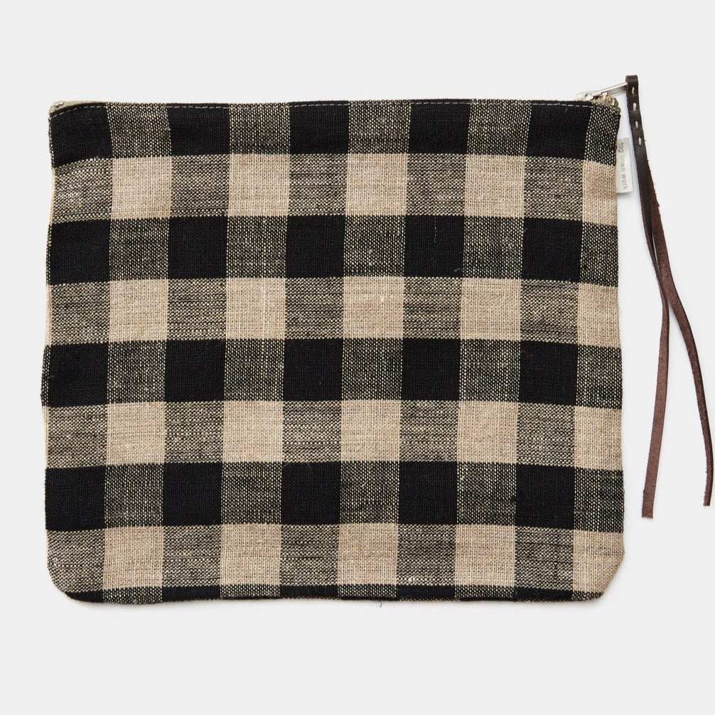 Linen Zippered Pouch, Black Natural Check