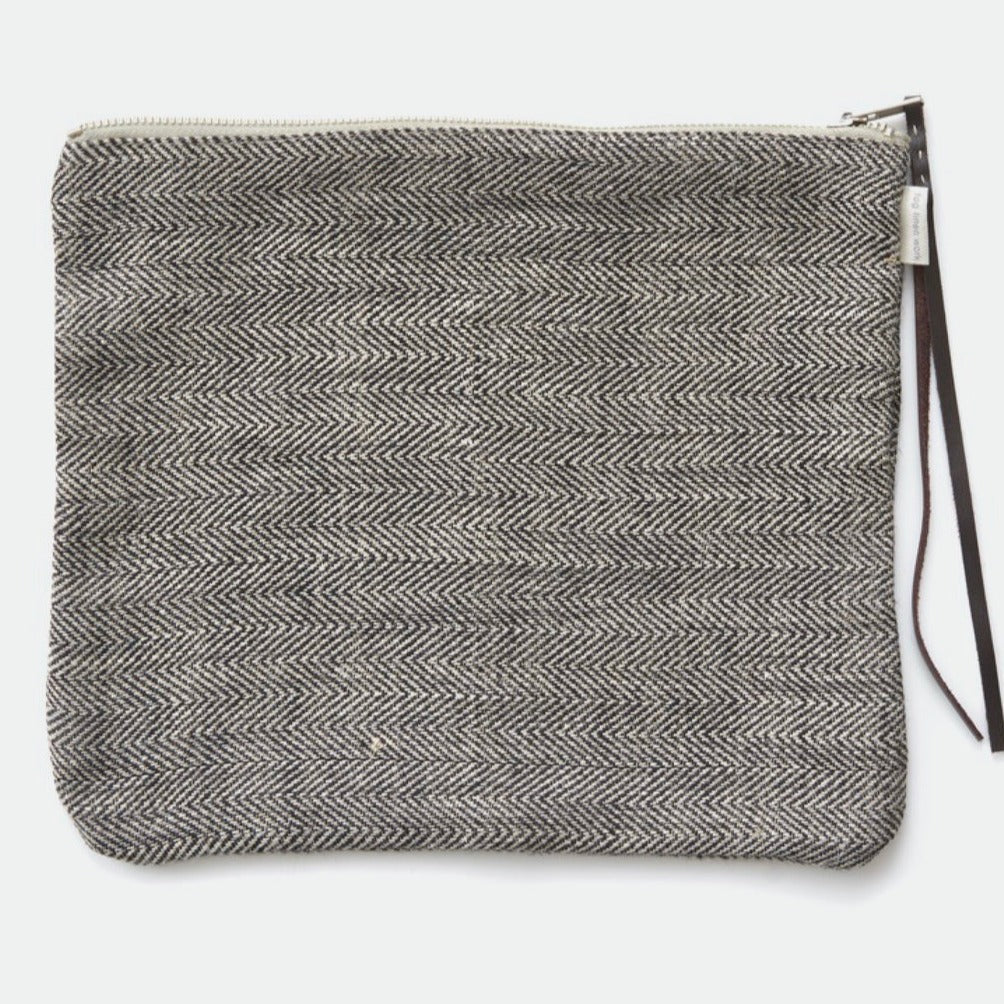 Large Zippered Linen Pouch, Herringbone