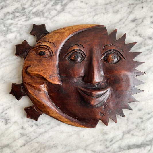 Vintage Carved Wood Sun + Moon Wall Decor