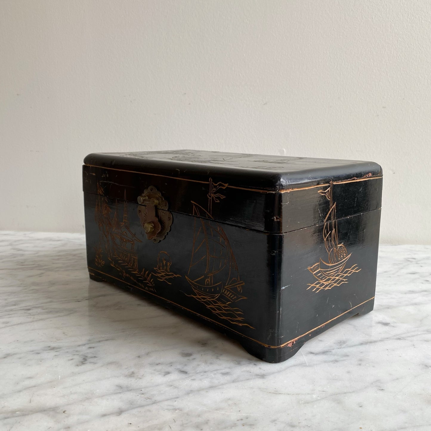 Antique Black Dresser Box, Hand-Carved