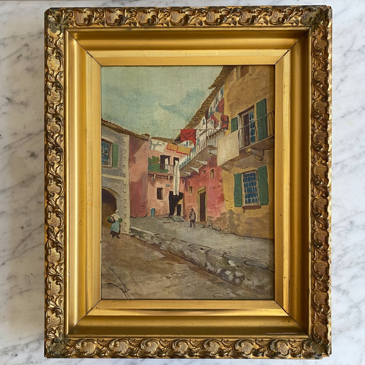 Antique Original Street Scene Painting