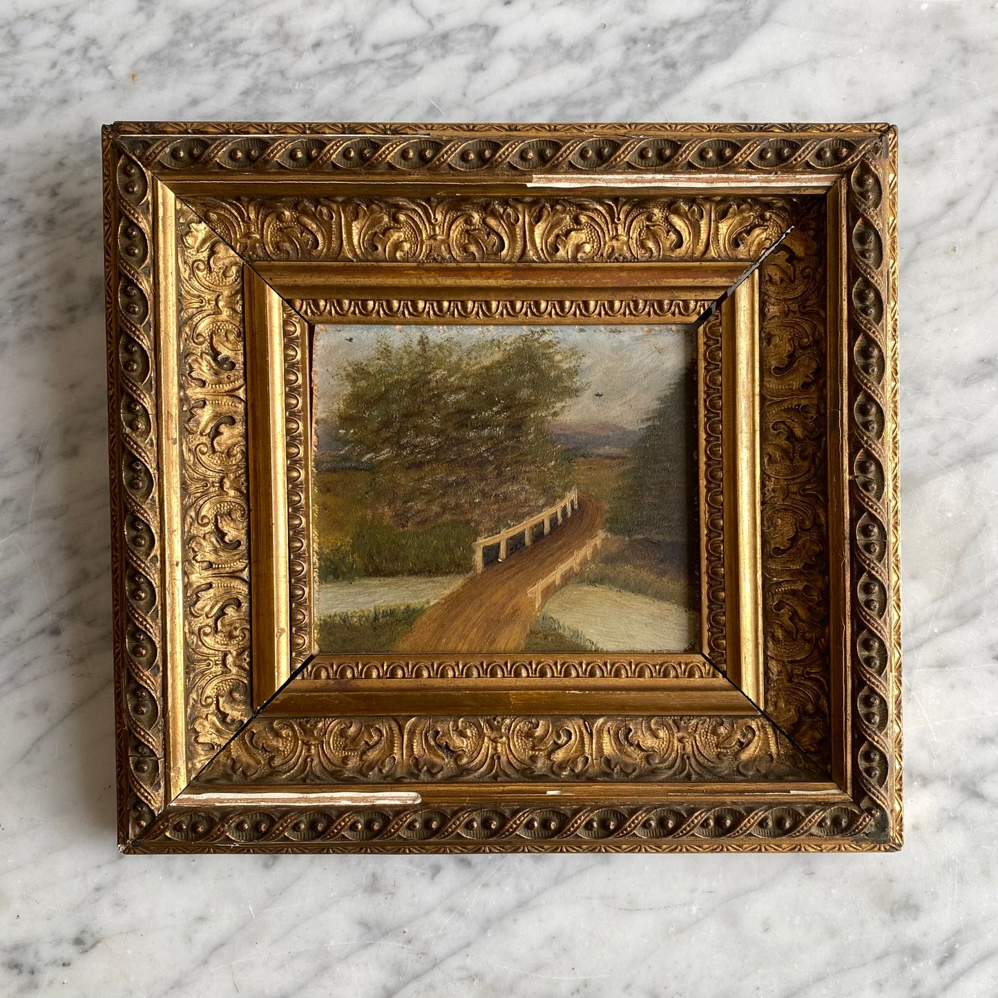 Original Antique Oil Painting, River + Bridge