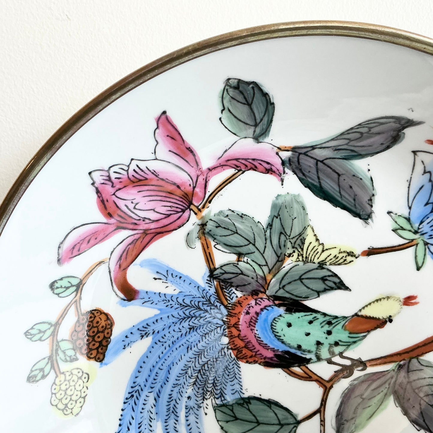 Vintage Hand-painted Porcelain + Brass Bowl