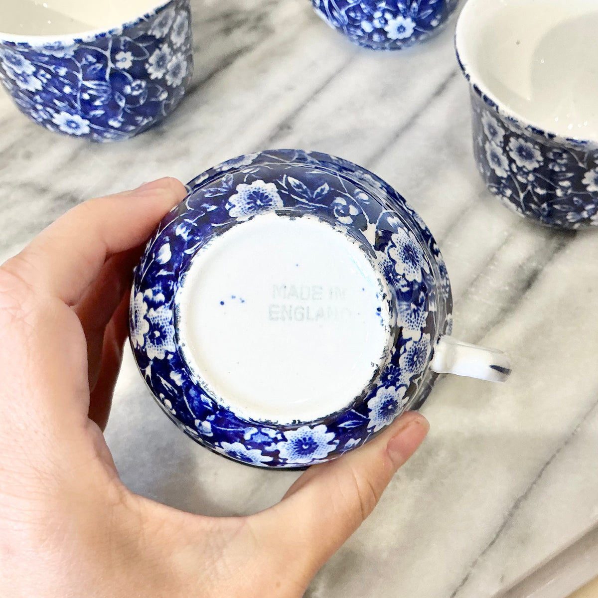 S/6 Vintage Blue + White Floral Teacups, England
