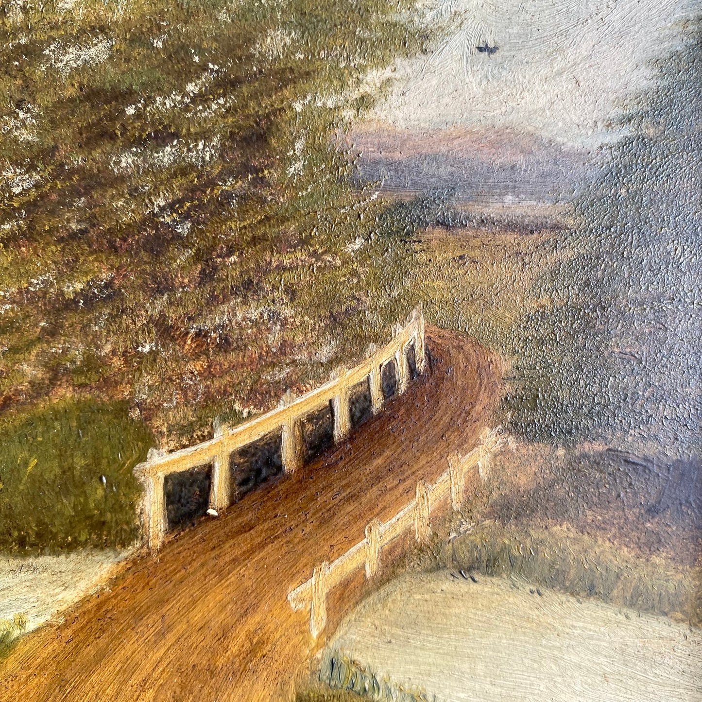 Original Antique Oil Painting, River + Bridge