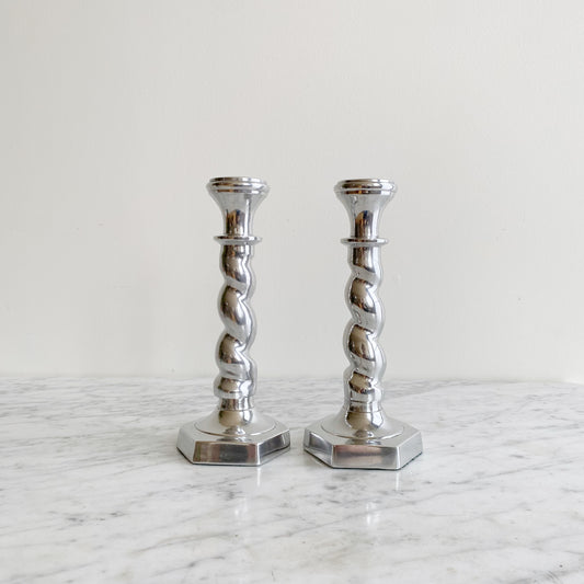 Pair of Found Twisty Silver Candlestick Holders