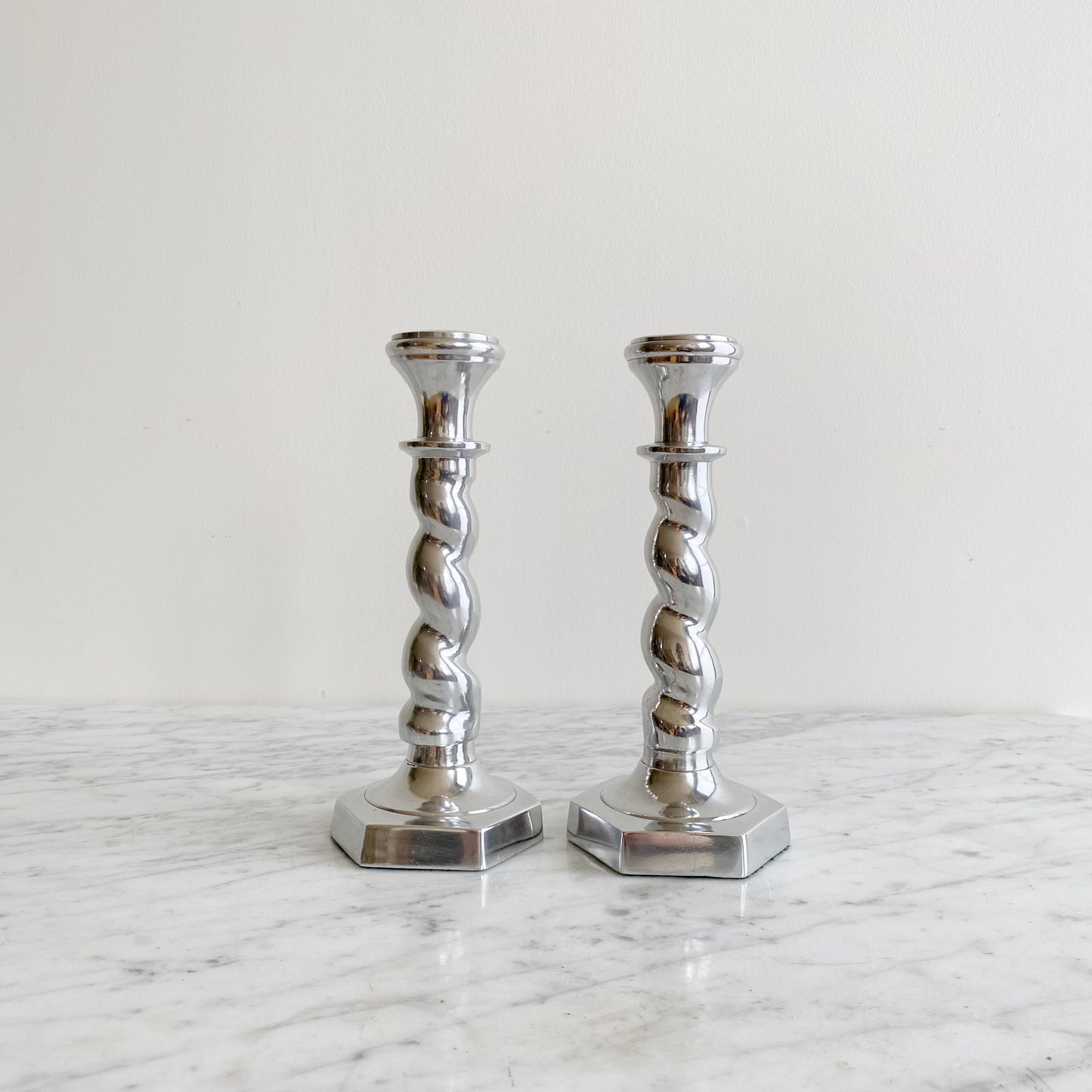 Pair of Found Twisty Silver Candlestick Holders