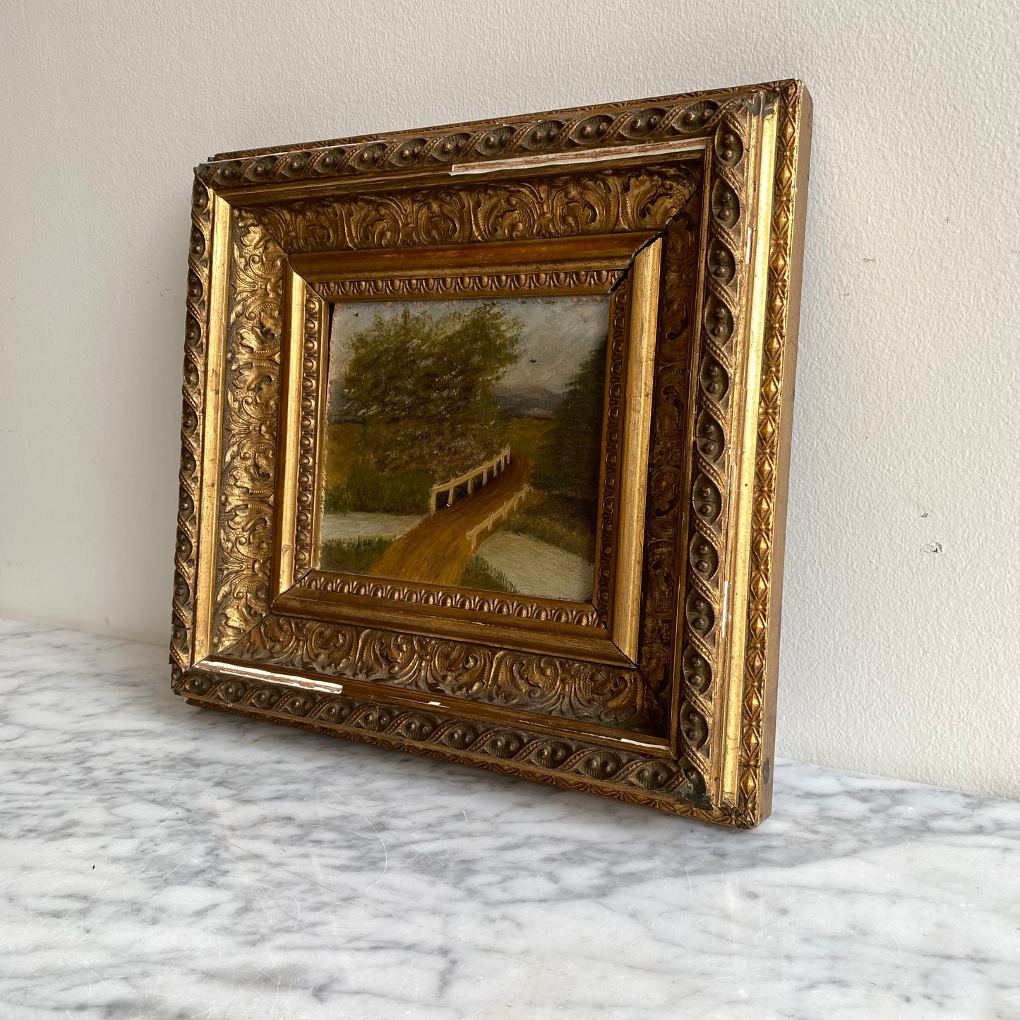 Original Antique Oil Painting, River + Bridge