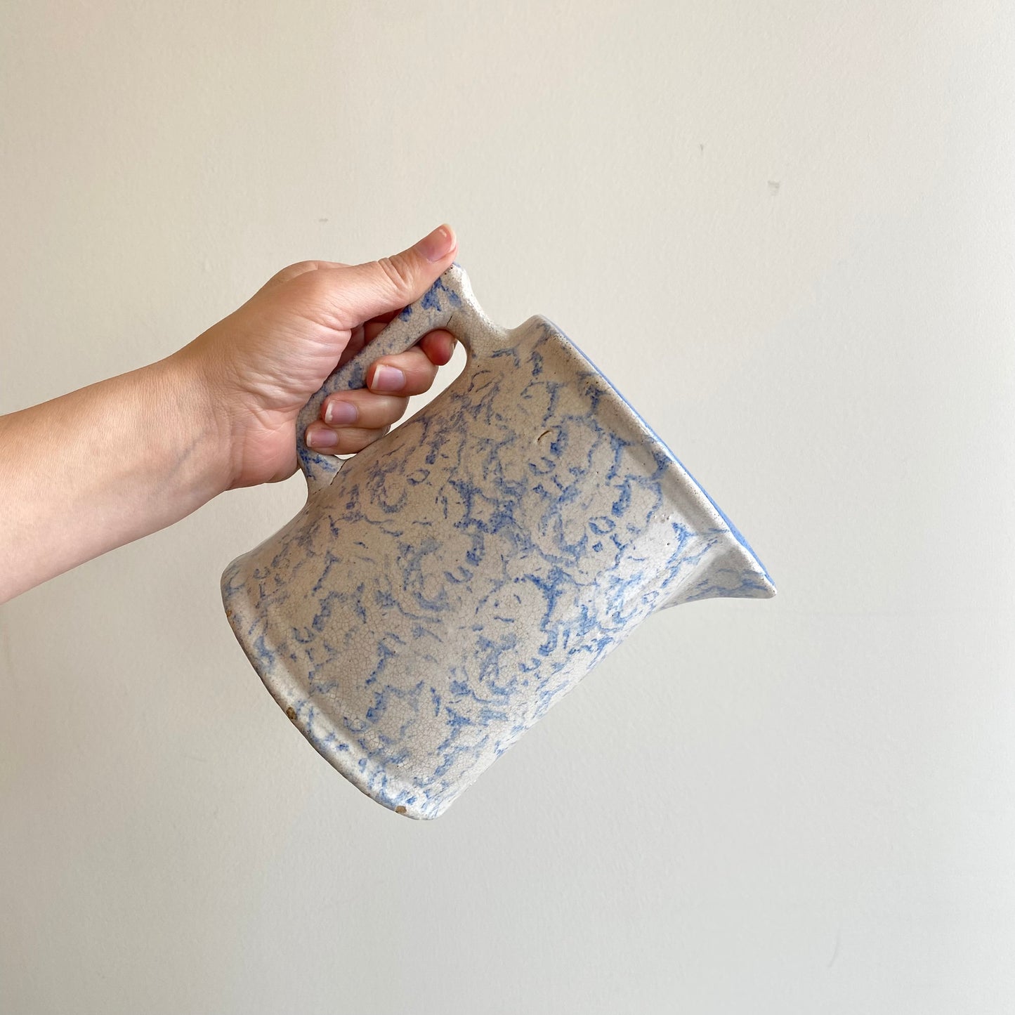 Antique Light Blue Spongeware Pottery Pitcher, 6.5”