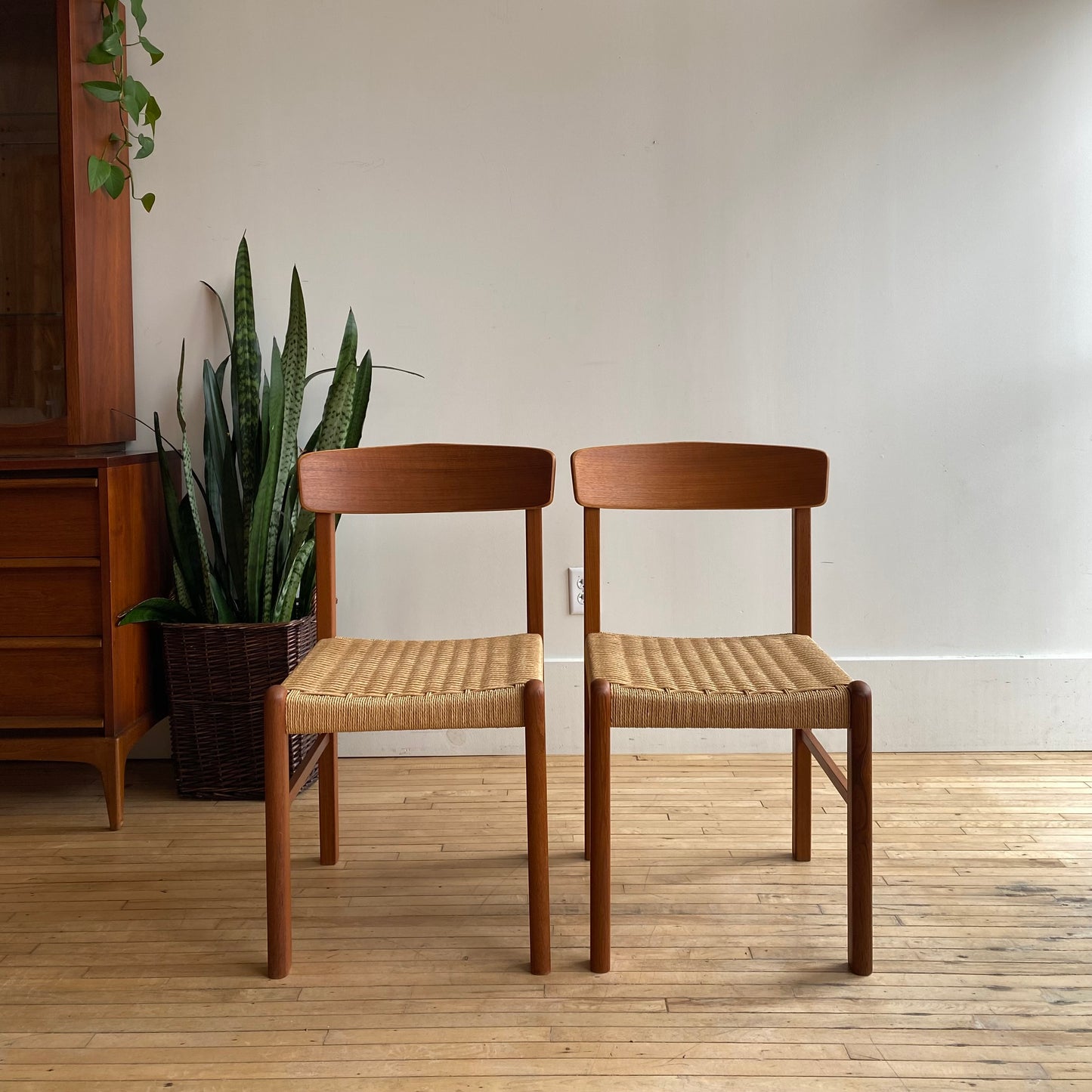 PAIR of Vintage Teak Dining Chairs with Paper Cord Seats