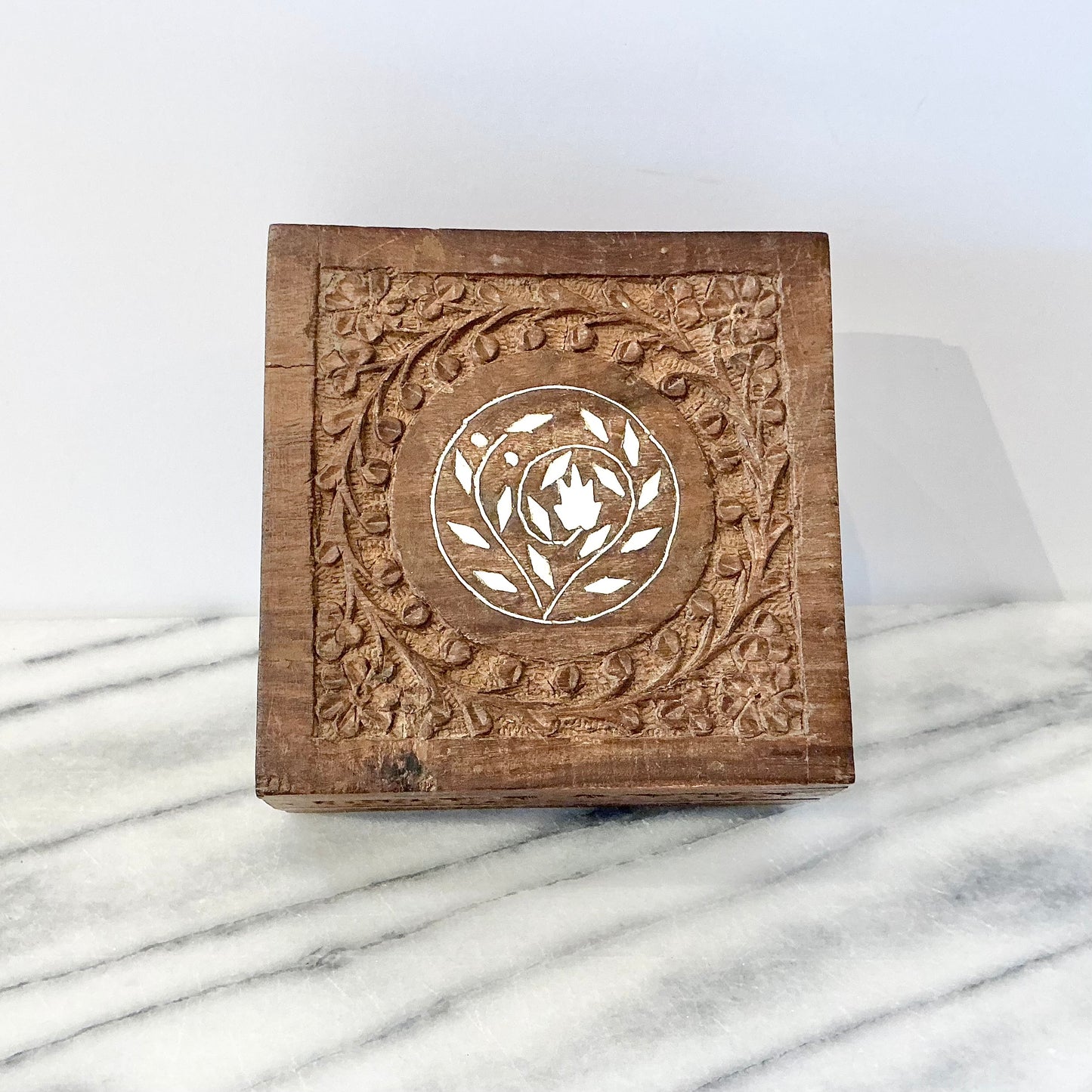Vintage Carved Wooden Box with Inlay