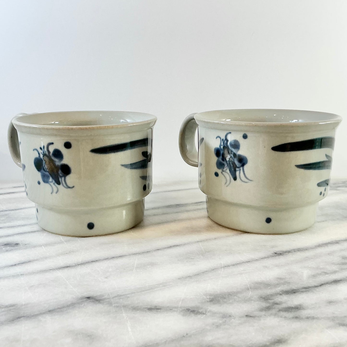 Pair of Large Vintage Blue Floral Ceramic Mugs