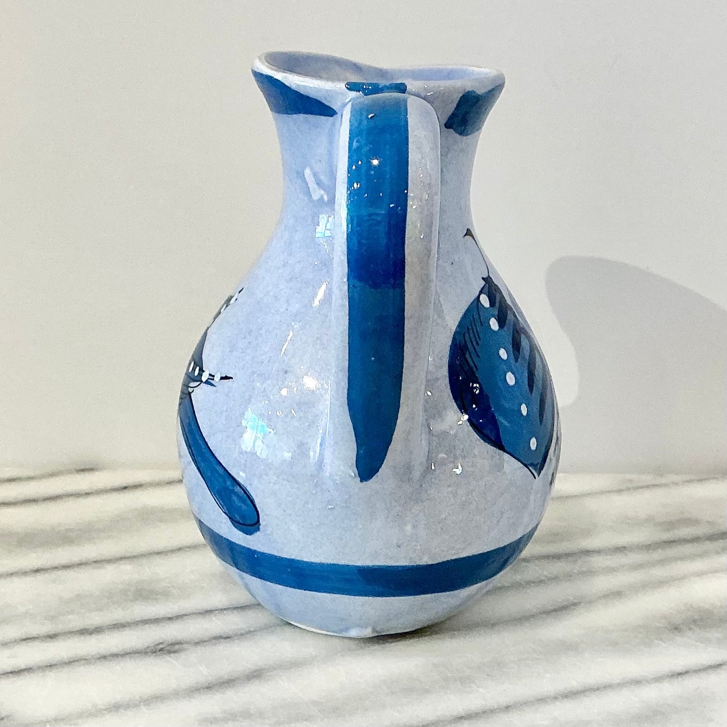 Vintage Blue Hand-Painted Ceramic Mexican Pitcher