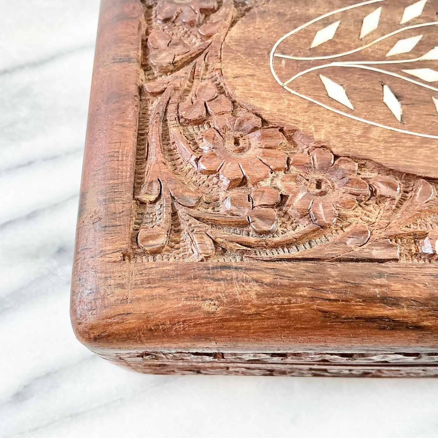 Vintage Carved Wooden Box with Inlay