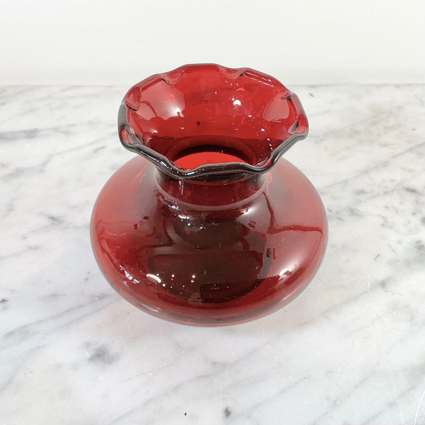 Vintage Ruby Red Vase with Lacy Edge