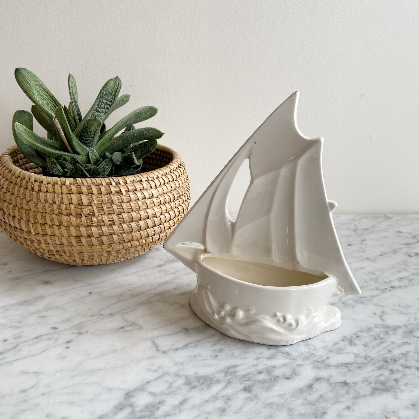 Vintage White Ceramic Sailboat Planter