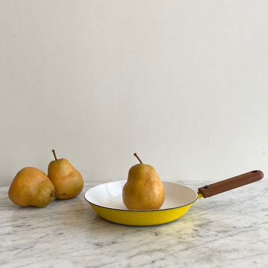 Vintage Yellow + White Enamel Skillet with Wood Handle