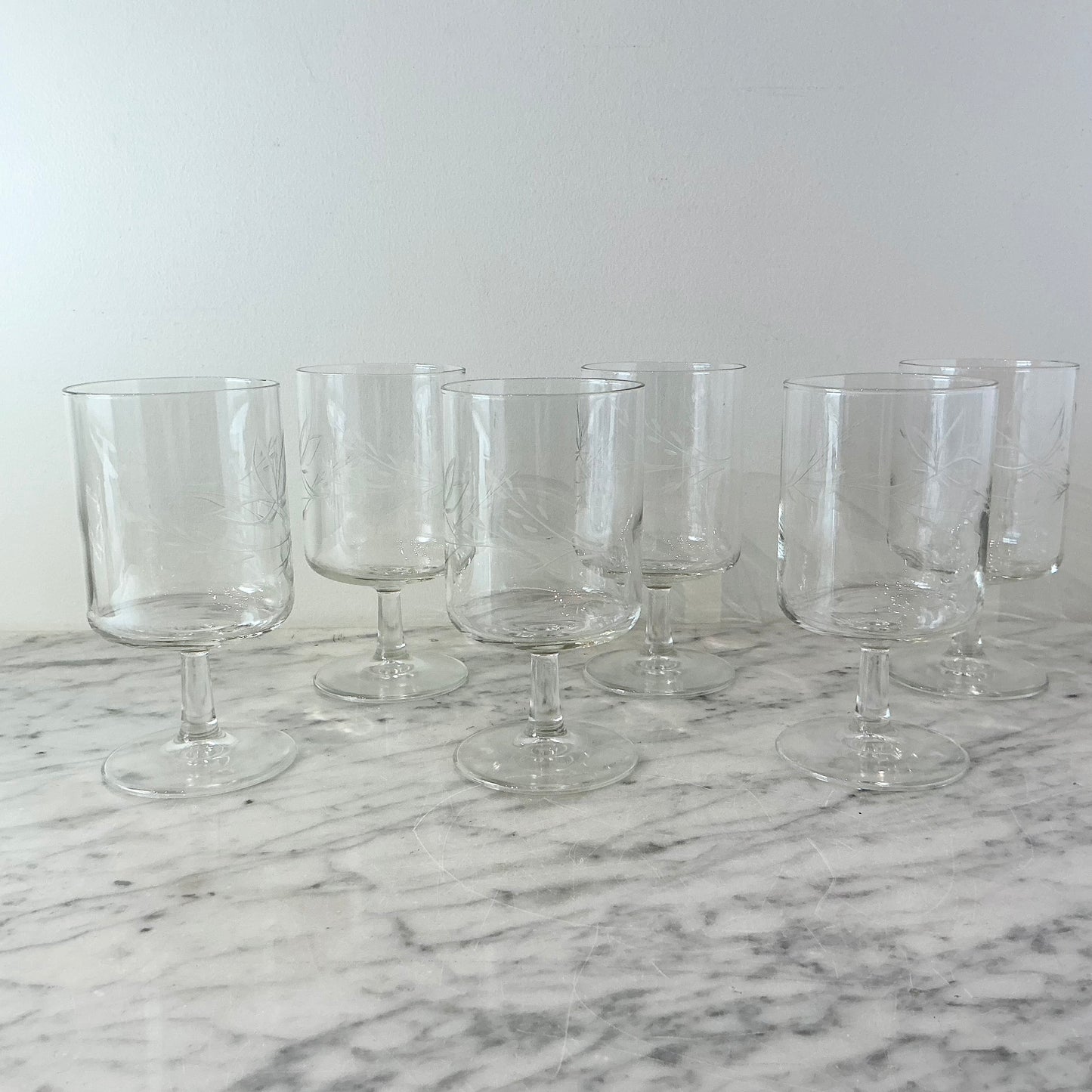 S/6 Vintage Etched Glasses