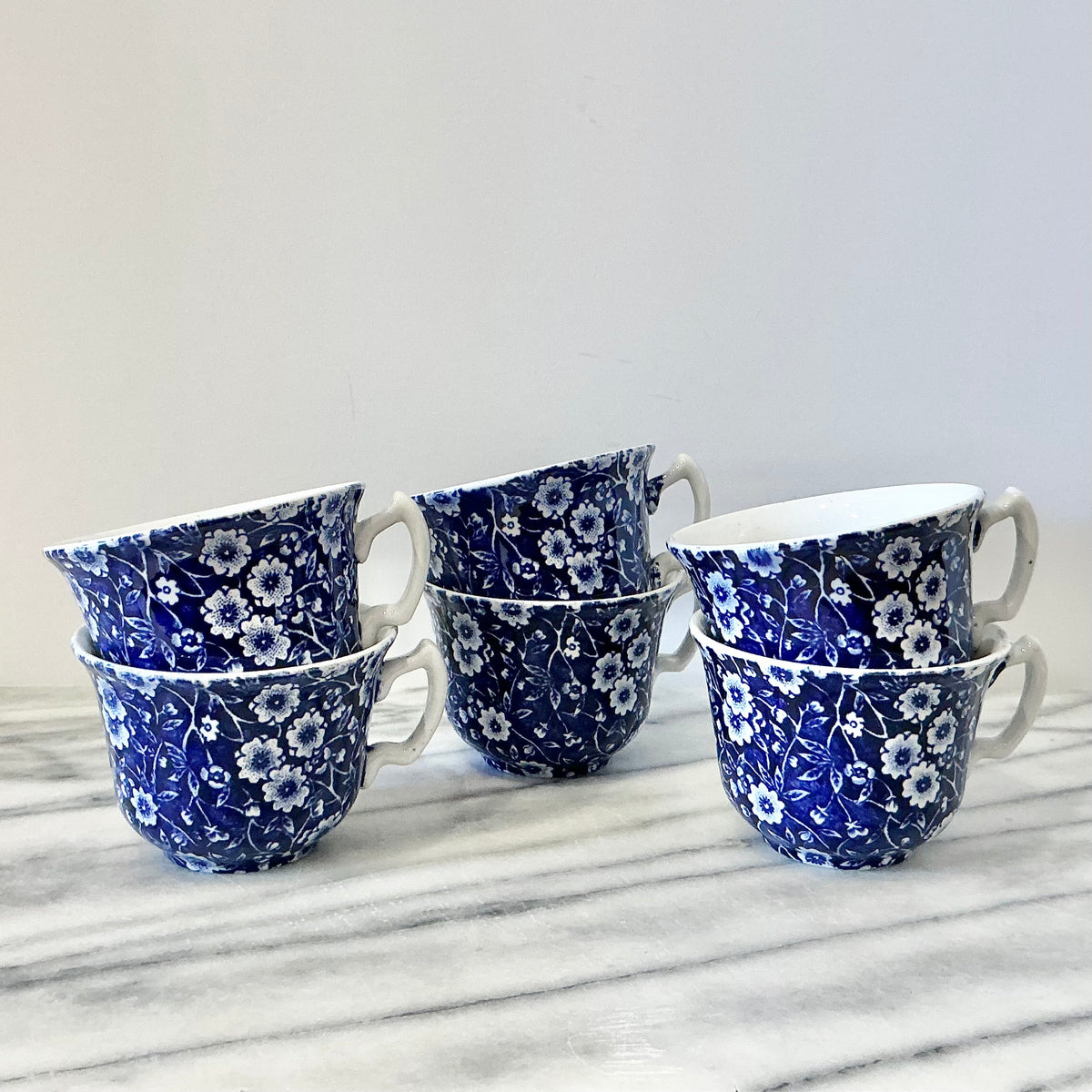 S/6 Vintage Blue + White Floral Teacups, England