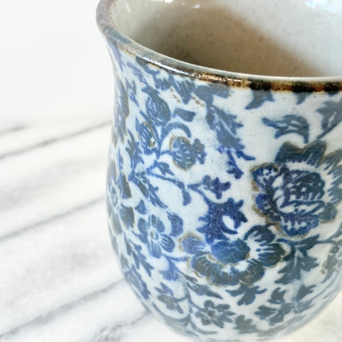 Vintage Blue + Gray Ceramic Floral Mug