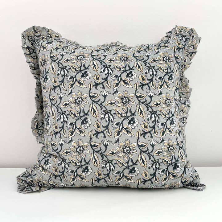 Cotton Grey Blue Vintage Floral Ruffled Pillow Cover (18 x 18)
