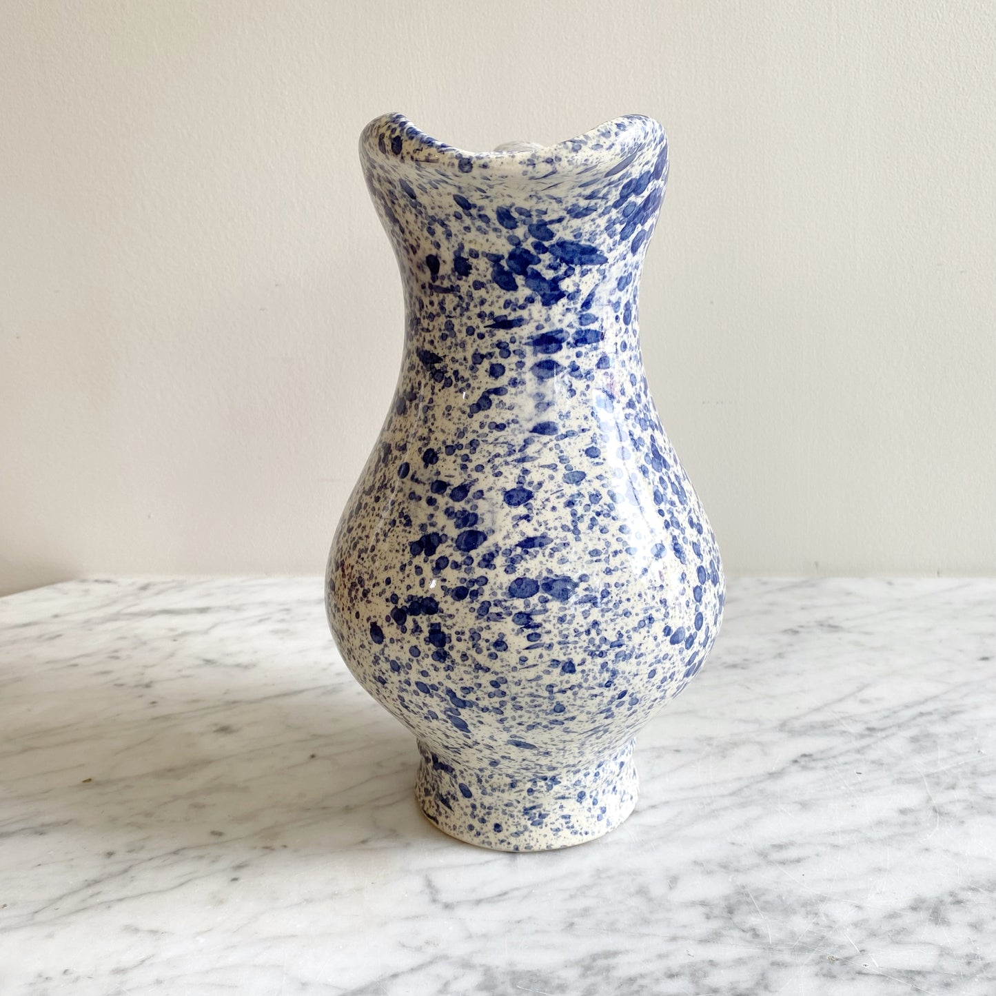 Found White Ceramic Pitcher with Blue Splatters