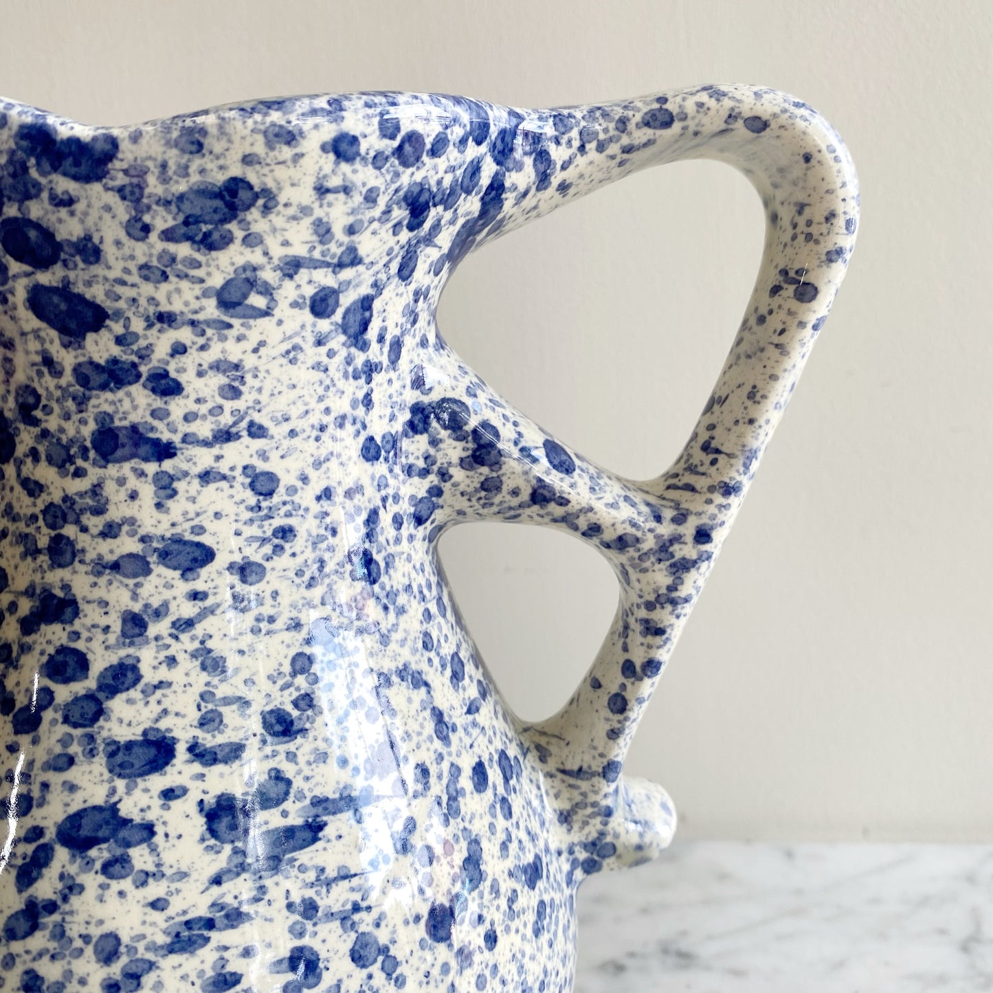 Found White Ceramic Pitcher with Blue Splatters