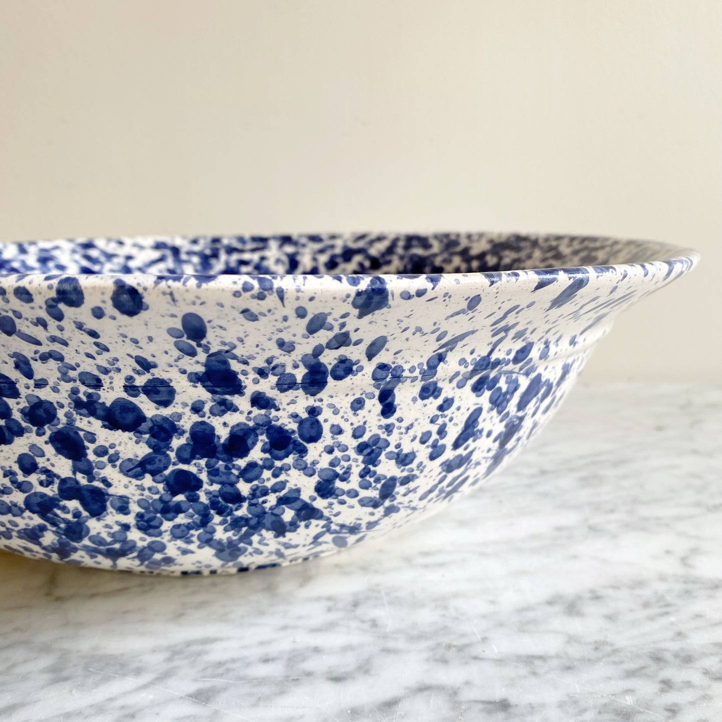 XL Found Ceramic Bowl with Blue Splatter, 15.25"