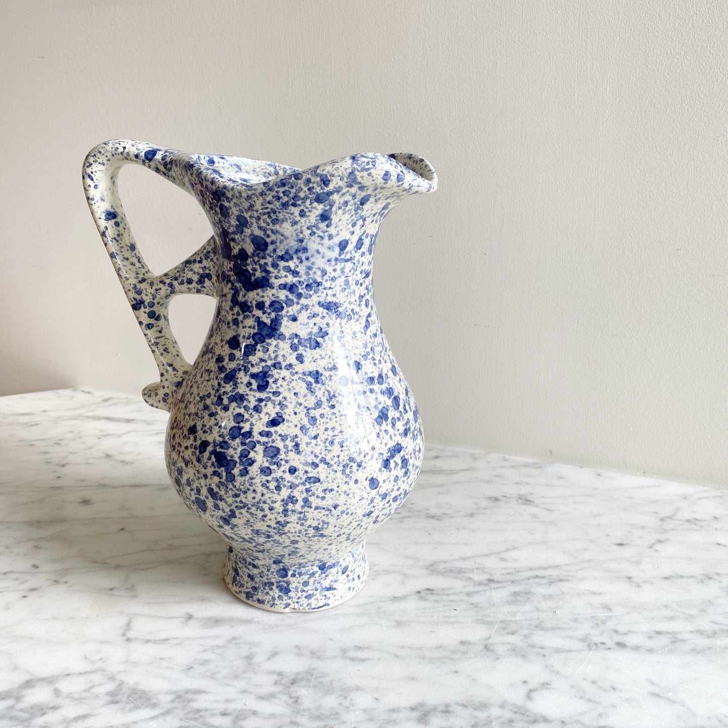 Found White Ceramic Pitcher with Blue Splatters