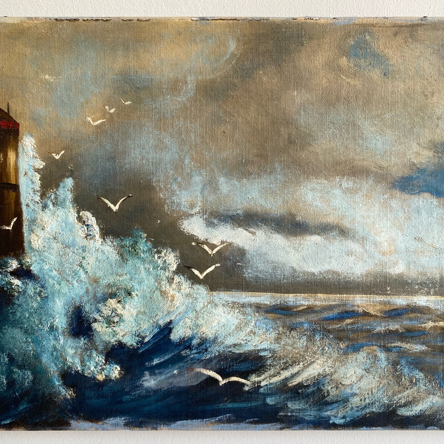Original Vintage Lighthouse and Seashore Painting (23” x 12”)