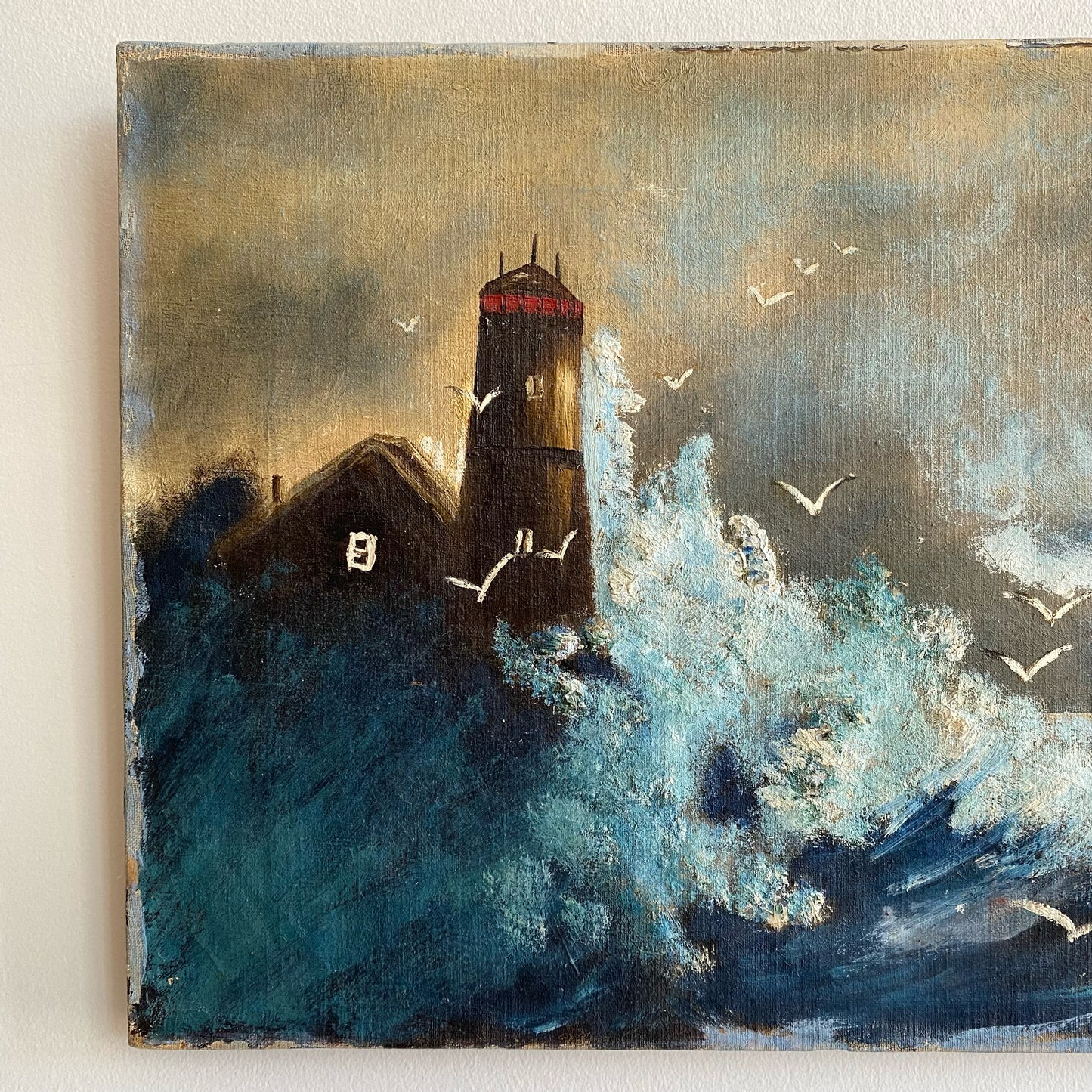 Original Vintage Lighthouse and Seashore Painting (23” x 12”)
